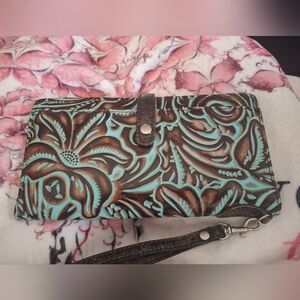 Patricia Nash Turquoise and Brown Tooled Leather Wristlet